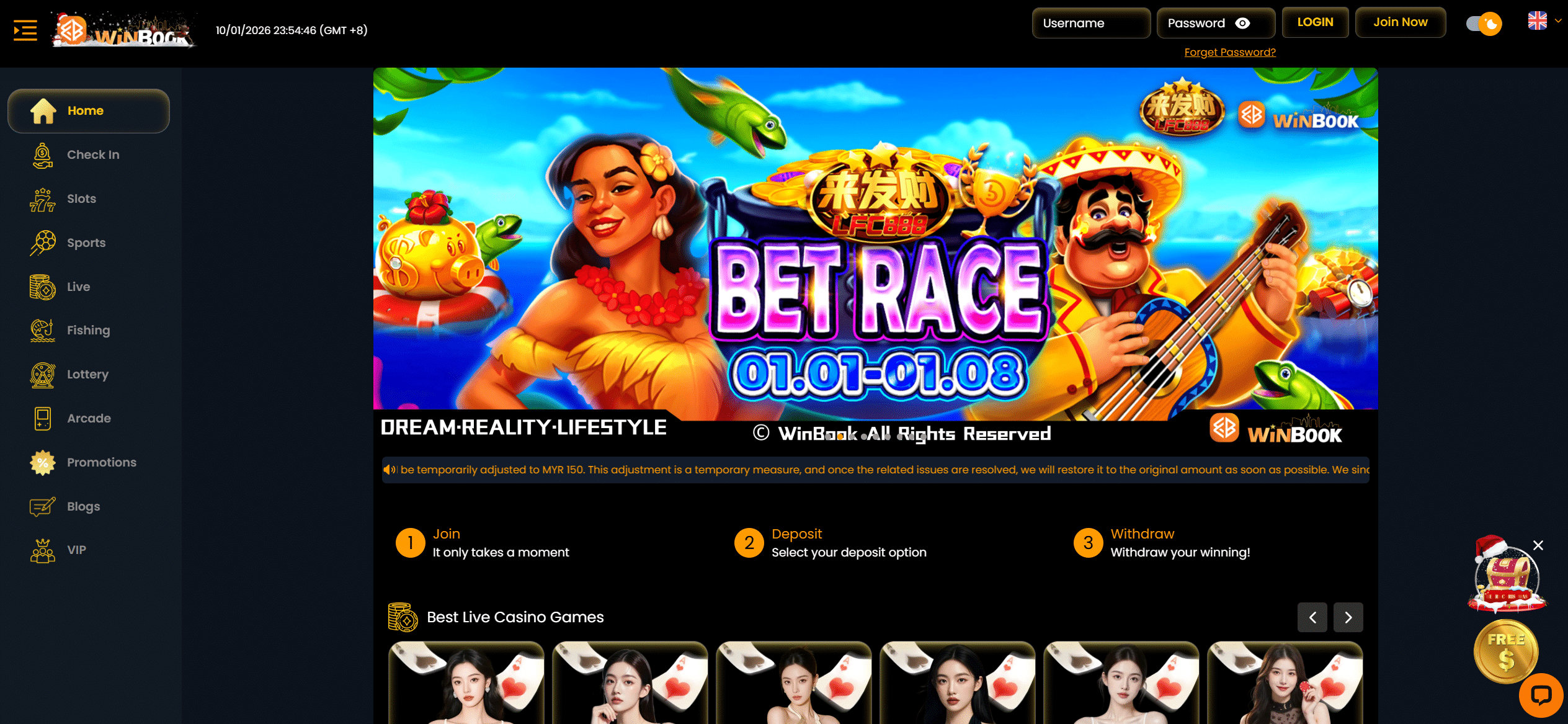Winbook casino mainpage