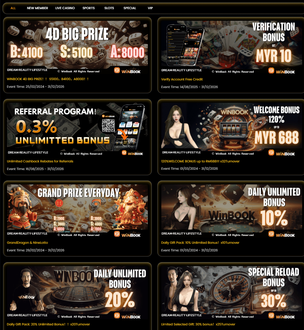 winbook casino offers many promotions including free credit no deposit rm10